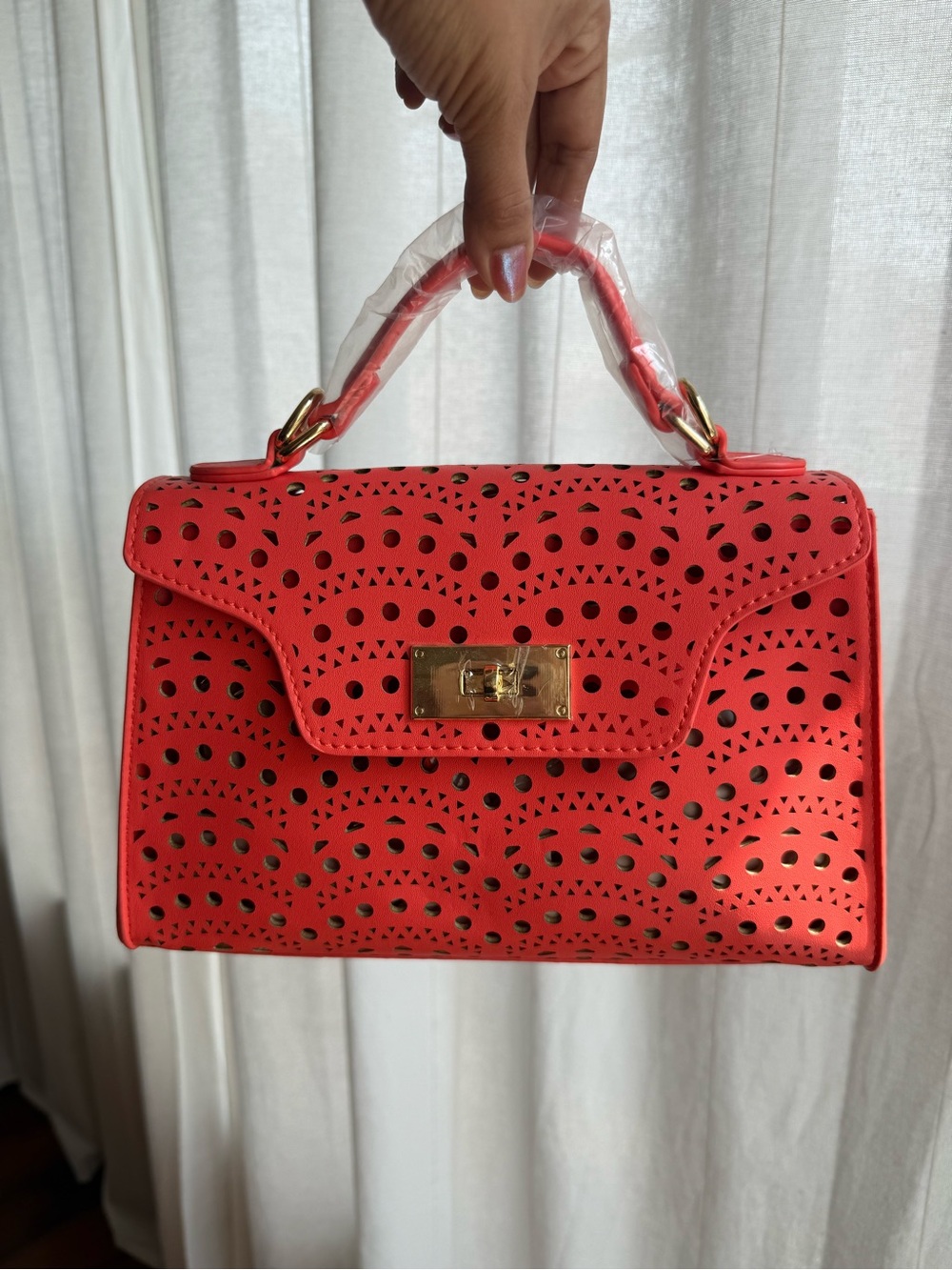 JustFab Coral Red Laser-Cut Top Handle Satchel